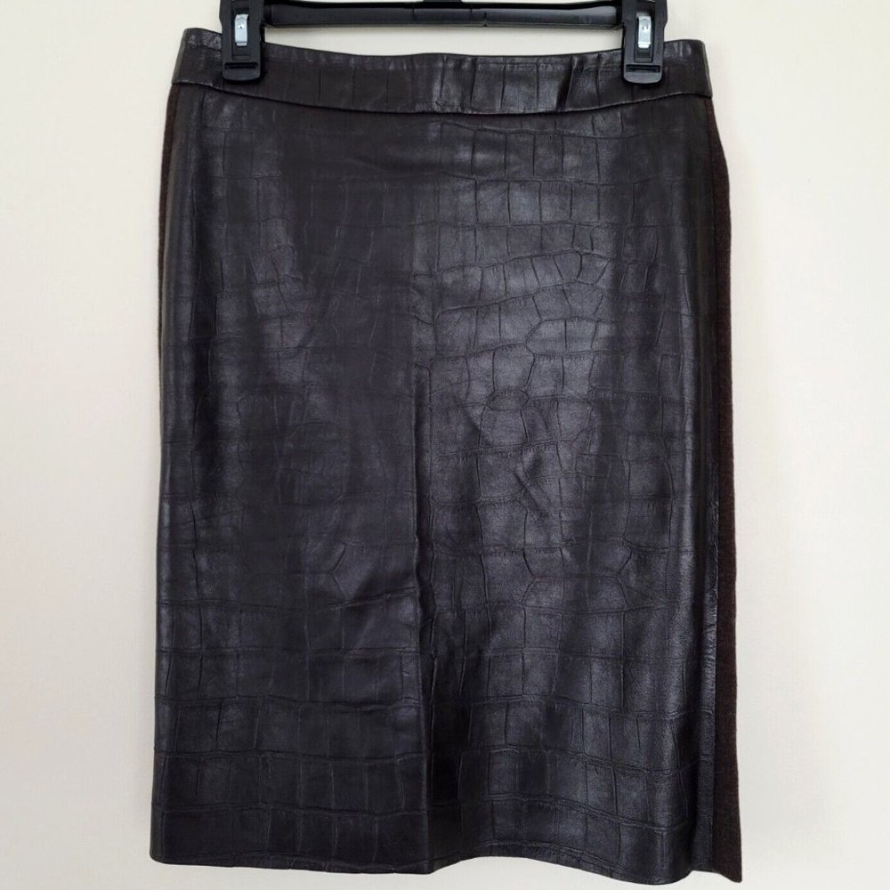 Max Mara Dark Brown Knee Length Wool Croc Embossed Leather Pencil Skirt 6 Small